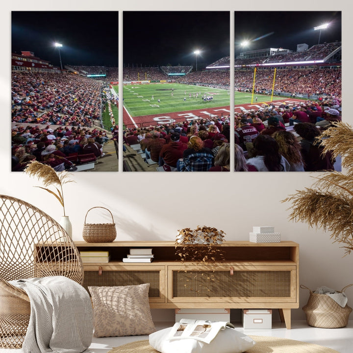 The Washington-Grizzly Stadium Canvas Wall Art beautifully depicts a lively night game scene under vibrant lights. The immersive game day atmosphere is captured in dynamic panoramic photography, making it ready to hang and enjoy.