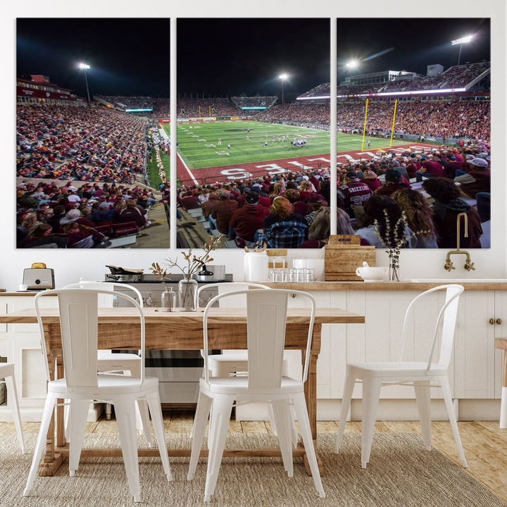 The Washington-Grizzly Stadium Canvas Wall Art beautifully depicts a lively night game scene under vibrant lights. The immersive game day atmosphere is captured in dynamic panoramic photography, making it ready to hang and enjoy.