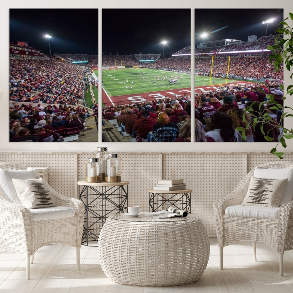 The Washington-Grizzly Stadium Canvas Wall Art beautifully depicts a lively night game scene under vibrant lights. The immersive game day atmosphere is captured in dynamic panoramic photography, making it ready to hang and enjoy.