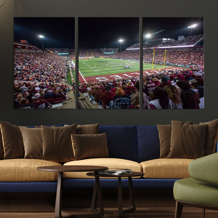 The Washington-Grizzly Stadium Canvas Wall Art beautifully depicts a lively night game scene under vibrant lights. The immersive game day atmosphere is captured in dynamic panoramic photography, making it ready to hang and enjoy.