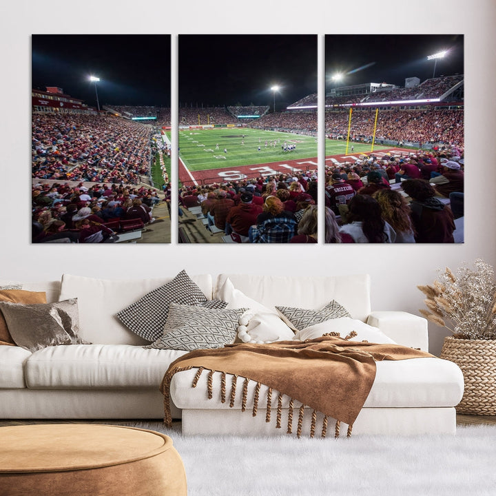 The Washington-Grizzly Stadium Canvas Wall Art beautifully depicts a lively night game scene under vibrant lights. The immersive game day atmosphere is captured in dynamic panoramic photography, making it ready to hang and enjoy.