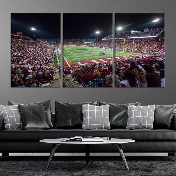 The Washington-Grizzly Stadium Canvas Wall Art beautifully depicts a lively night game scene under vibrant lights. The immersive game day atmosphere is captured in dynamic panoramic photography, making it ready to hang and enjoy.