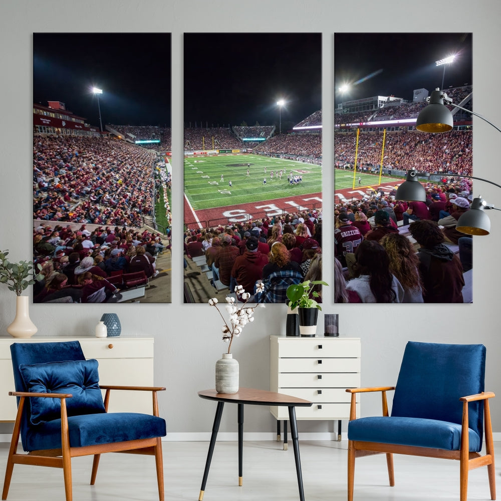 The Washington-Grizzly Stadium Canvas Wall Art beautifully depicts a lively night game scene under vibrant lights. The immersive game day atmosphere is captured in dynamic panoramic photography, making it ready to hang and enjoy.