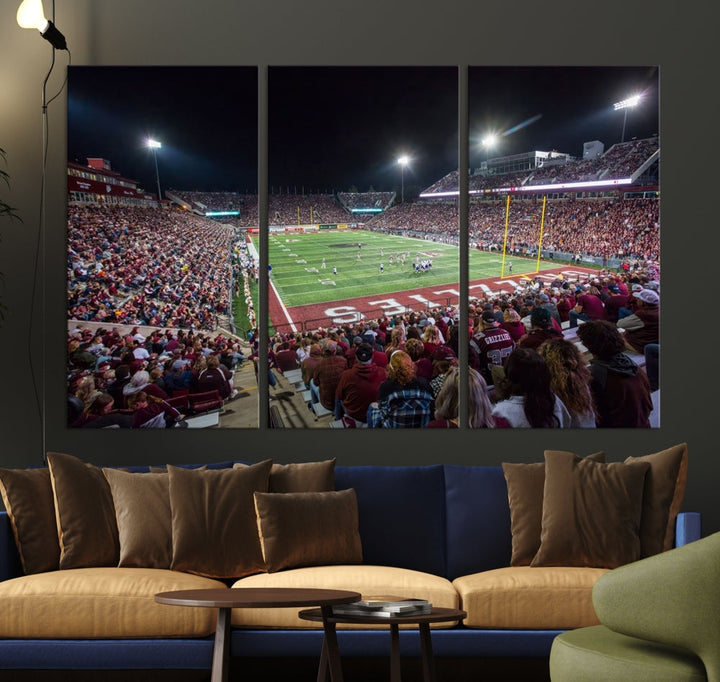 The Washington-Grizzly Stadium Canvas Wall Art beautifully depicts a lively night game scene under vibrant lights. The immersive game day atmosphere is captured in dynamic panoramic photography, making it ready to hang and enjoy.