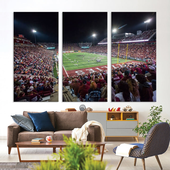 The Washington-Grizzly Stadium Canvas Wall Art beautifully depicts a lively night game scene under vibrant lights. The immersive game day atmosphere is captured in dynamic panoramic photography, making it ready to hang and enjoy.