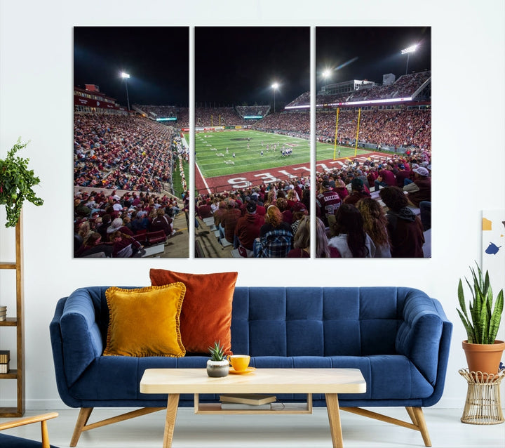 The Washington-Grizzly Stadium Canvas Wall Art beautifully depicts a lively night game scene under vibrant lights. The immersive game day atmosphere is captured in dynamic panoramic photography, making it ready to hang and enjoy.