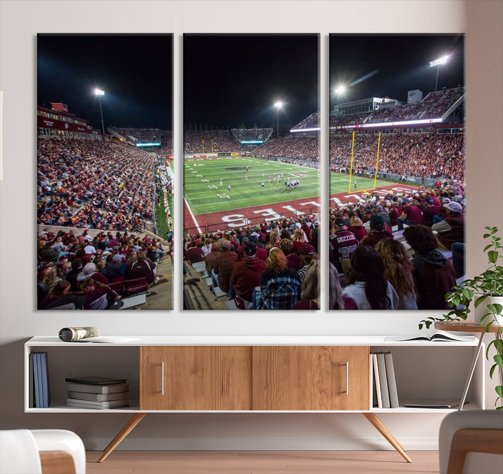 The Washington-Grizzly Stadium Canvas Wall Art beautifully depicts a lively night game scene under vibrant lights. The immersive game day atmosphere is captured in dynamic panoramic photography, making it ready to hang and enjoy.