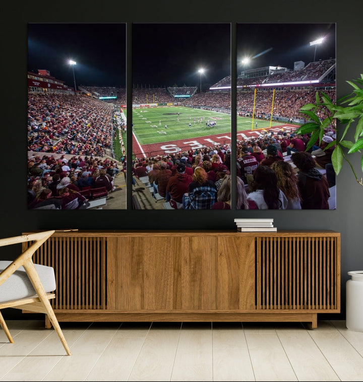 The Washington-Grizzly Stadium Canvas Wall Art beautifully depicts a lively night game scene under vibrant lights. The immersive game day atmosphere is captured in dynamic panoramic photography, making it ready to hang and enjoy.