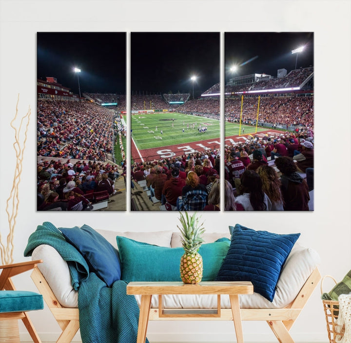 The Washington-Grizzly Stadium Canvas Wall Art beautifully depicts a lively night game scene under vibrant lights. The immersive game day atmosphere is captured in dynamic panoramic photography, making it ready to hang and enjoy.