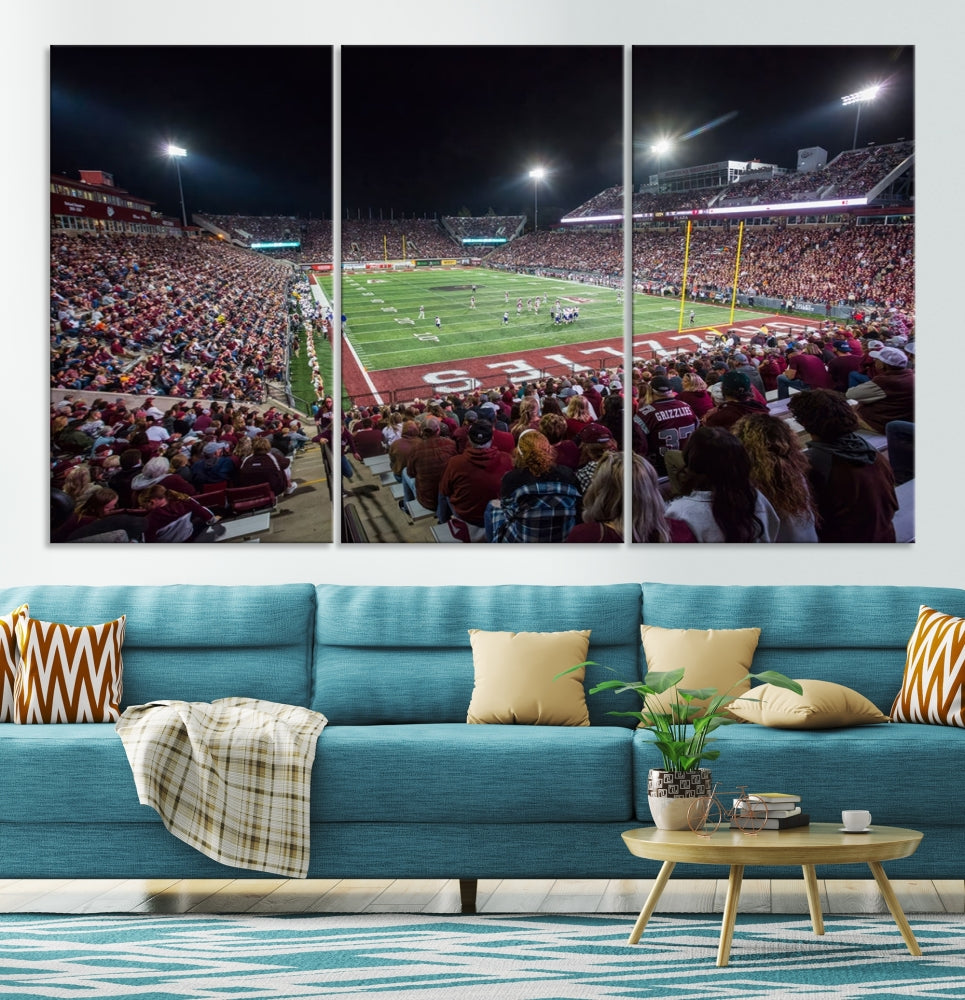 The Washington-Grizzly Stadium Canvas Wall Art beautifully depicts a lively night game scene under vibrant lights. The immersive game day atmosphere is captured in dynamic panoramic photography, making it ready to hang and enjoy.