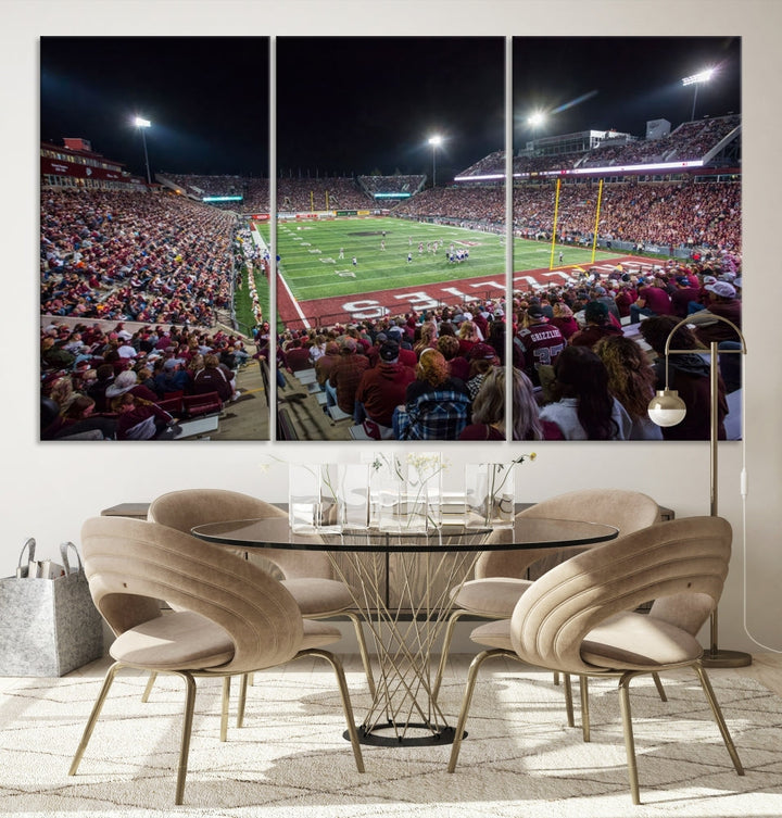 Panoramic triptych canvas of Washington-Grizzly Stadium during an intense game day scene, showcasing a packed crowd and vibrant field. Ideal for sports fans, ready to hang.