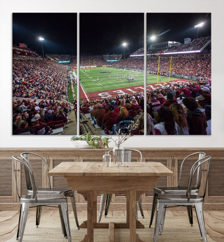 Panoramic triptych canvas of Washington-Grizzly Stadium during an intense game day scene, showcasing a packed crowd and vibrant field. Ideal for sports fans, ready to hang.