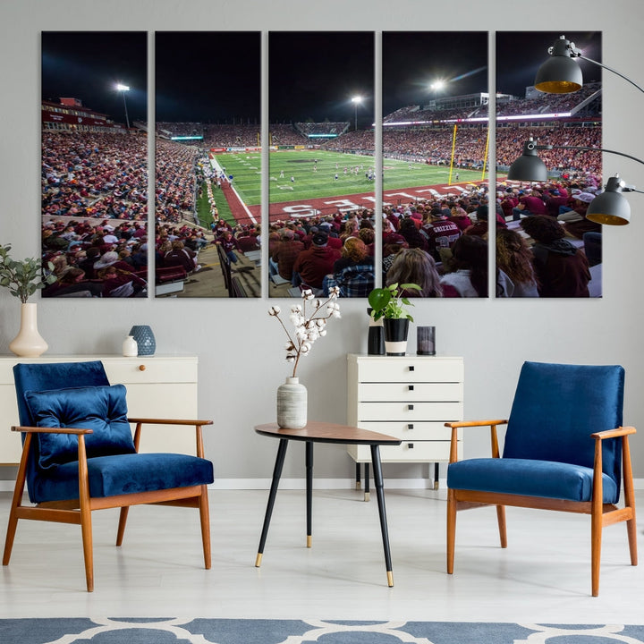 Panoramic triptych canvas of Washington-Grizzly Stadium during an intense game day scene, showcasing a packed crowd and vibrant field. Ideal for sports fans, ready to hang.