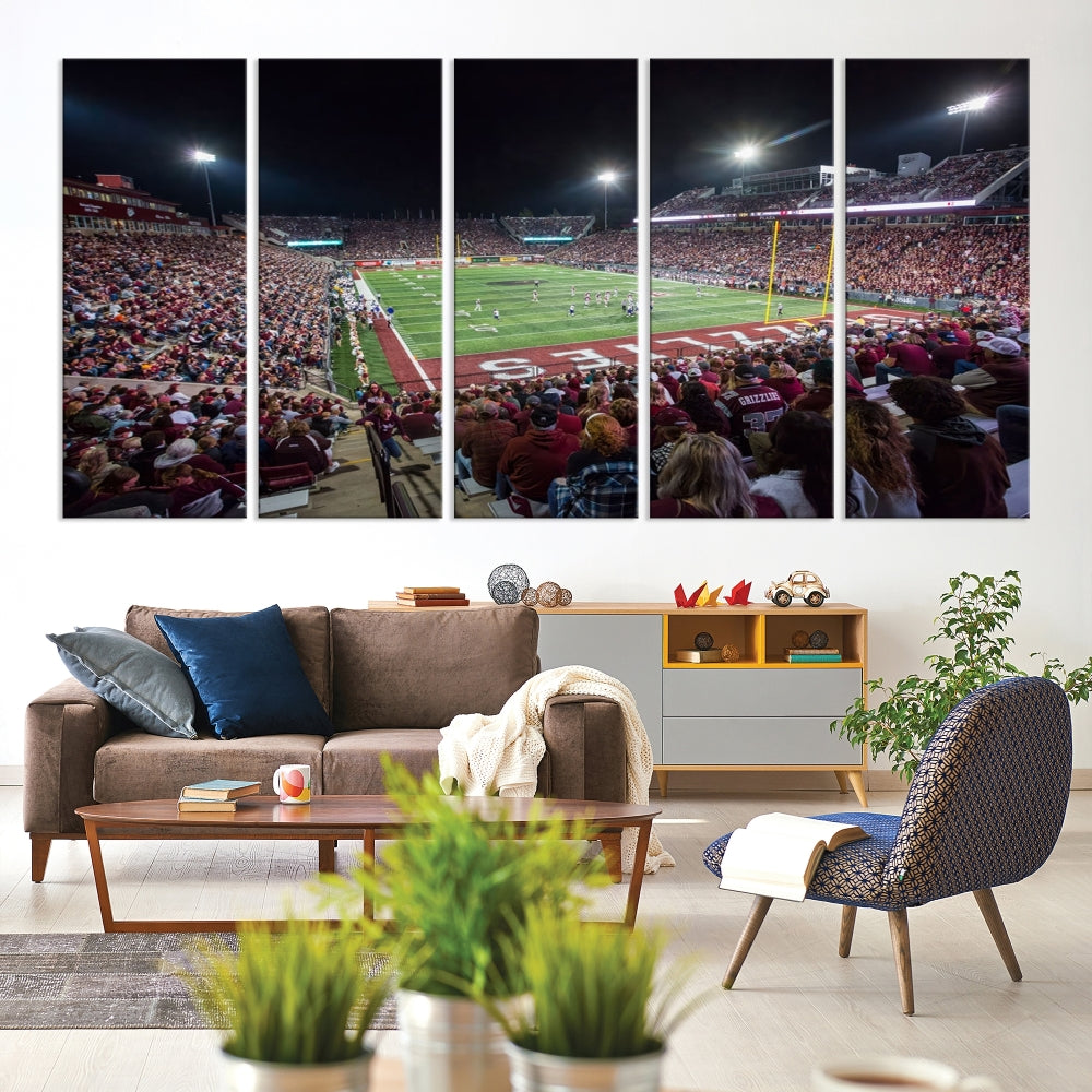 Panoramic triptych canvas of Washington-Grizzly Stadium during an intense game day scene, showcasing a packed crowd and vibrant field. Ideal for sports fans, ready to hang.