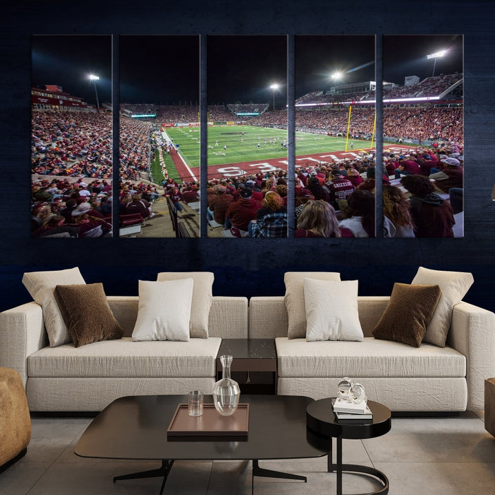 The Washington-Grizzly Stadium Canvas Wall Art beautifully depicts a lively night game scene under vibrant lights. The immersive game day atmosphere is captured in dynamic panoramic photography, making it ready to hang and enjoy.