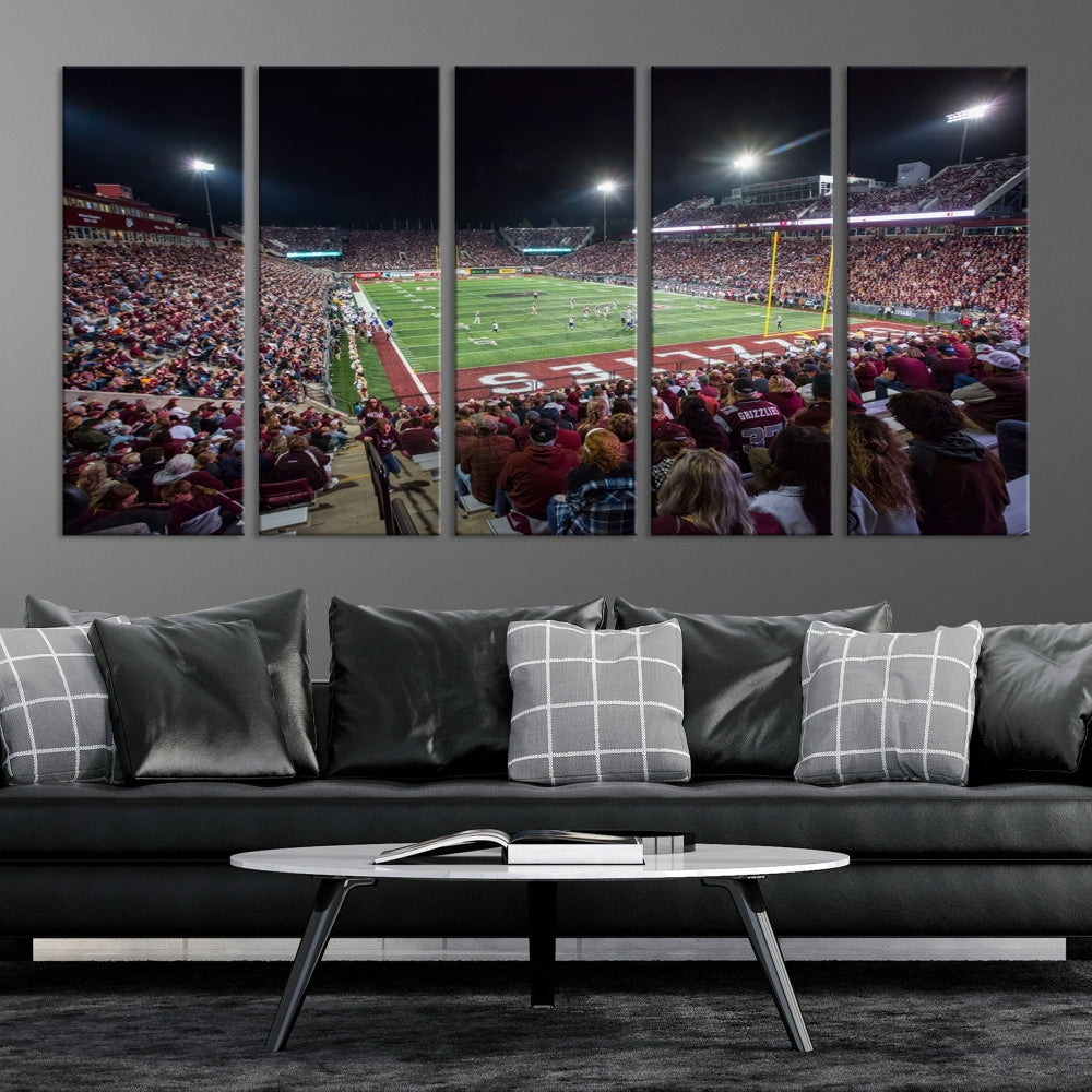 The Washington-Grizzly Stadium Canvas Wall Art beautifully depicts a lively night game scene under vibrant lights. The immersive game day atmosphere is captured in dynamic panoramic photography, making it ready to hang and enjoy.