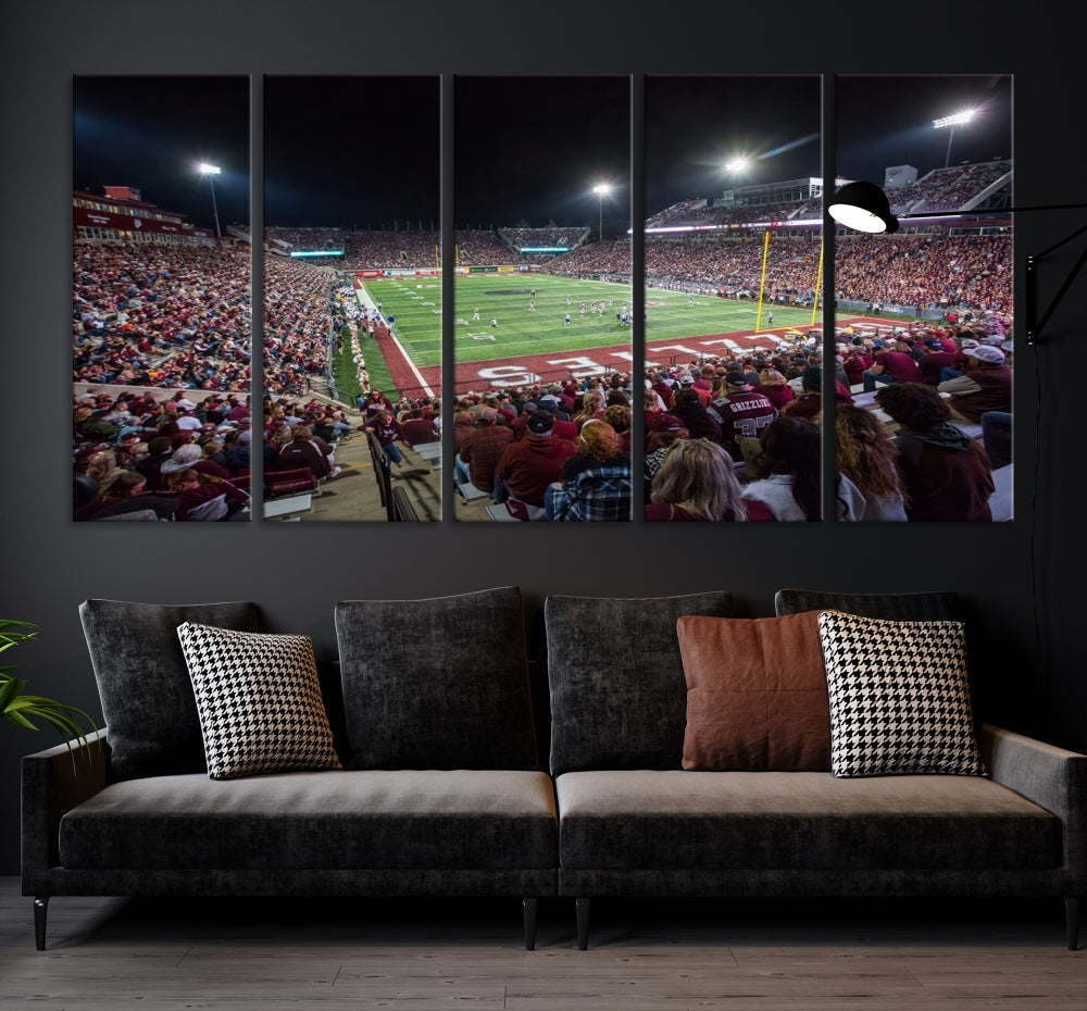 The Washington-Grizzly Stadium Canvas Wall Art beautifully depicts a lively night game scene under vibrant lights. The immersive game day atmosphere is captured in dynamic panoramic photography, making it ready to hang and enjoy.