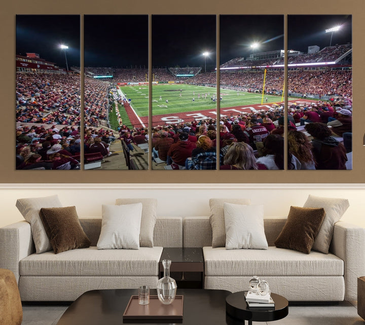 The Washington-Grizzly Stadium Canvas Wall Art beautifully depicts a lively night game scene under vibrant lights. The immersive game day atmosphere is captured in dynamic panoramic photography, making it ready to hang and enjoy.