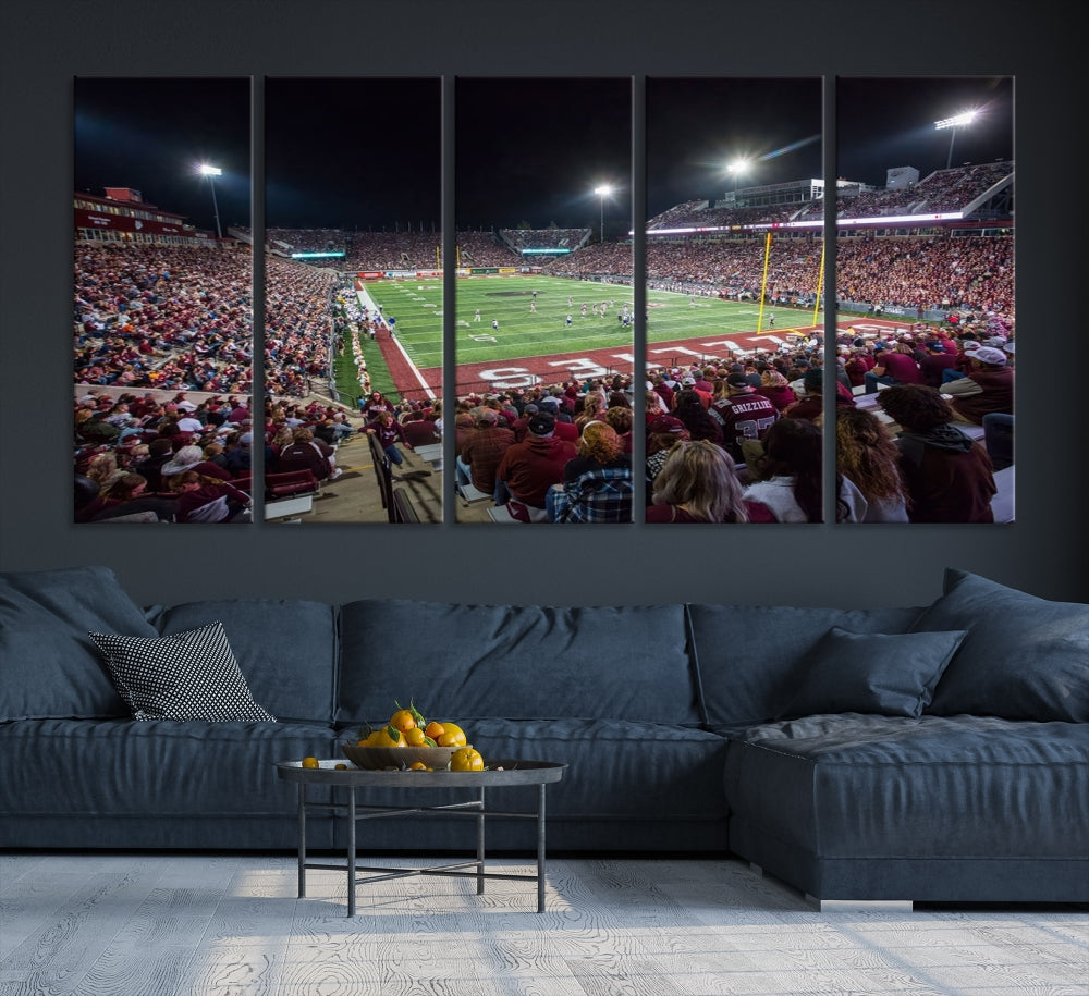 Panoramic triptych canvas of Washington-Grizzly Stadium during an intense game day scene, showcasing a packed crowd and vibrant field. Ideal for sports fans, ready to hang.