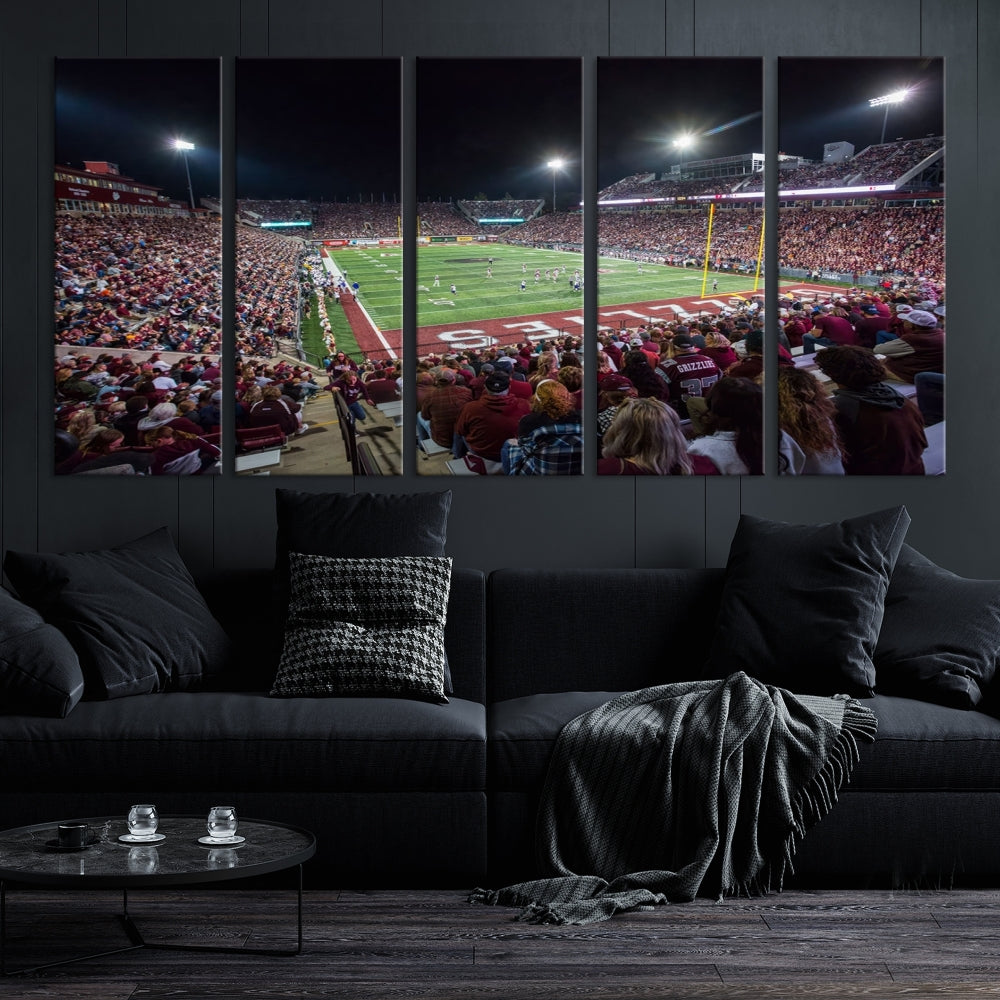 Panoramic triptych canvas of Washington-Grizzly Stadium during an intense game day scene, showcasing a packed crowd and vibrant field. Ideal for sports fans, ready to hang.