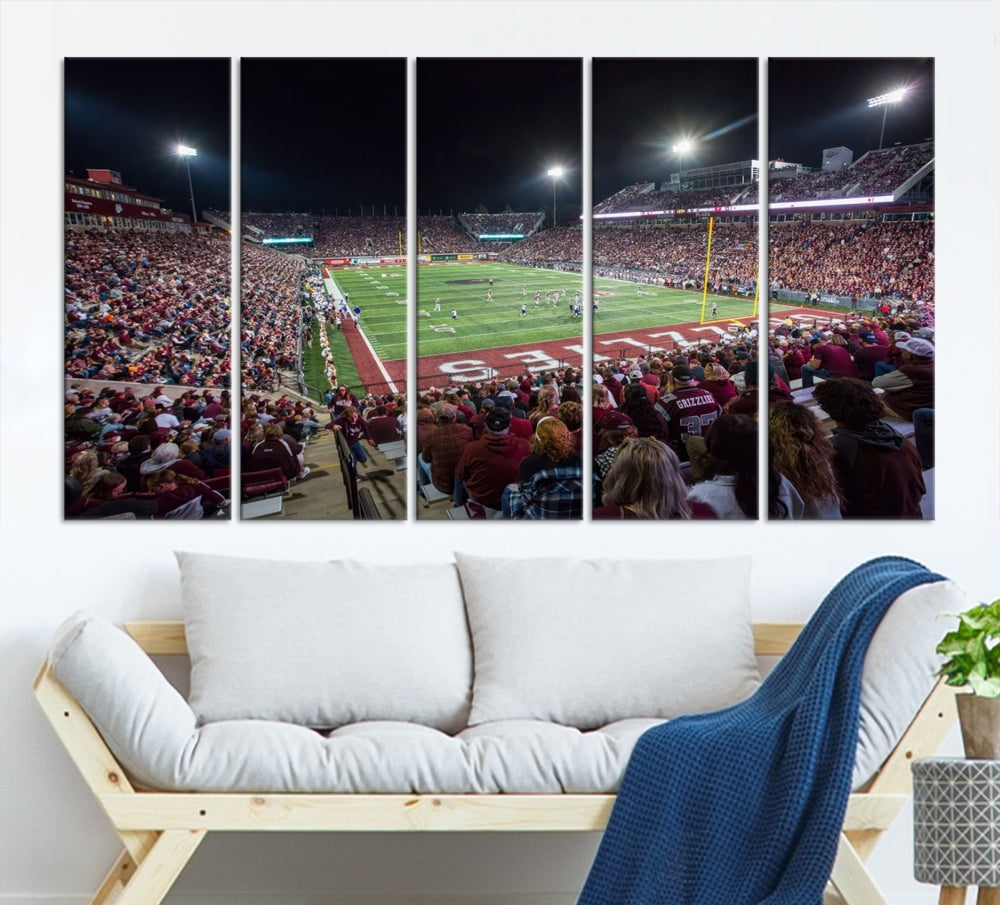 Panoramic triptych canvas of Washington-Grizzly Stadium during an intense game day scene, showcasing a packed crowd and vibrant field. Ideal for sports fans, ready to hang.