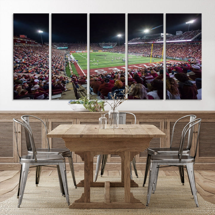 Panoramic triptych canvas of Washington-Grizzly Stadium during an intense game day scene, showcasing a packed crowd and vibrant field. Ideal for sports fans, ready to hang.