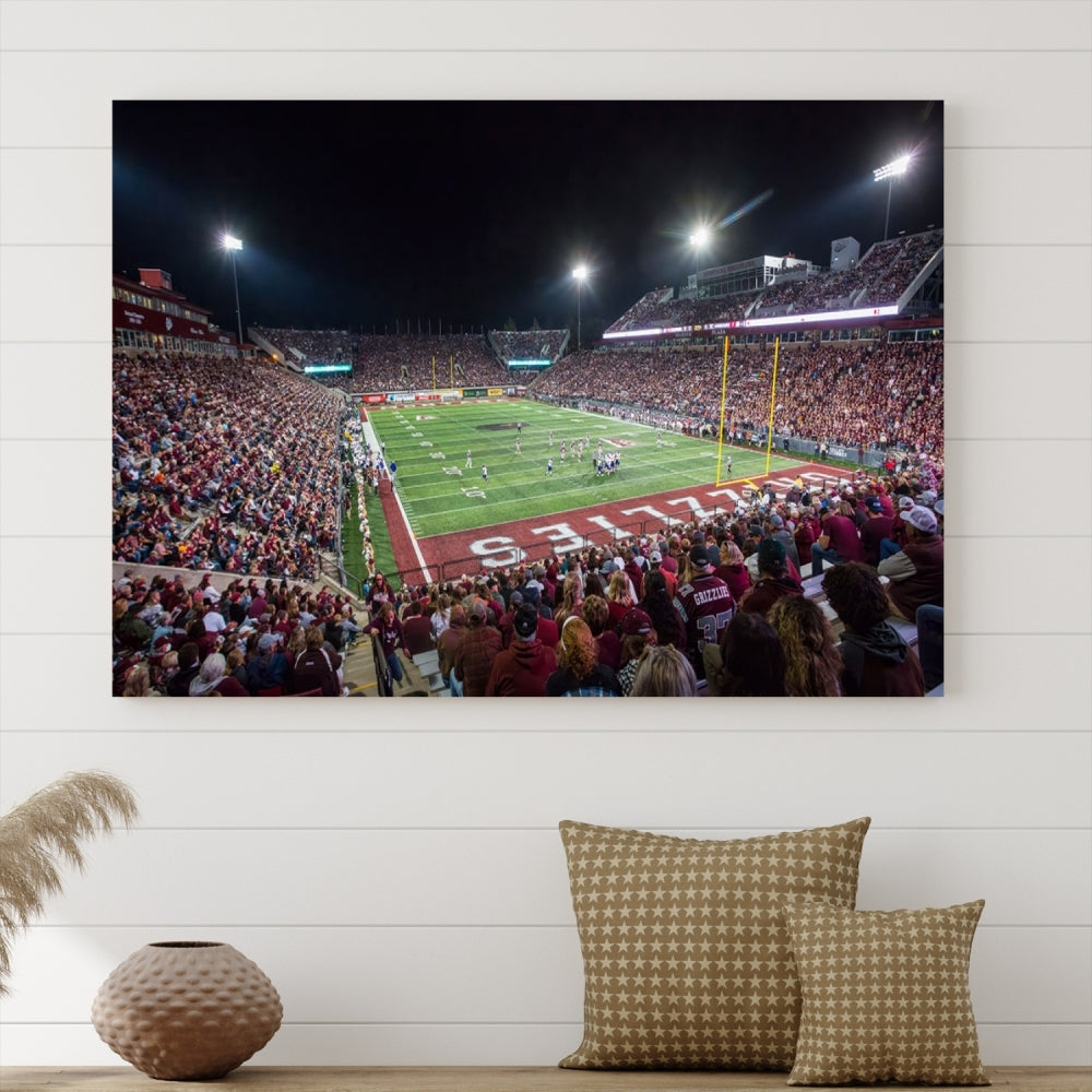 The Washington-Grizzly Stadium Canvas Wall Art beautifully depicts a lively night game scene under vibrant lights. The immersive game day atmosphere is captured in dynamic panoramic photography, making it ready to hang and enjoy.