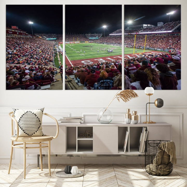 The Washington-Grizzly Stadium Canvas Wall Art beautifully depicts a lively night game scene under vibrant lights. The immersive game day atmosphere is captured in dynamic panoramic photography, making it ready to hang and enjoy.