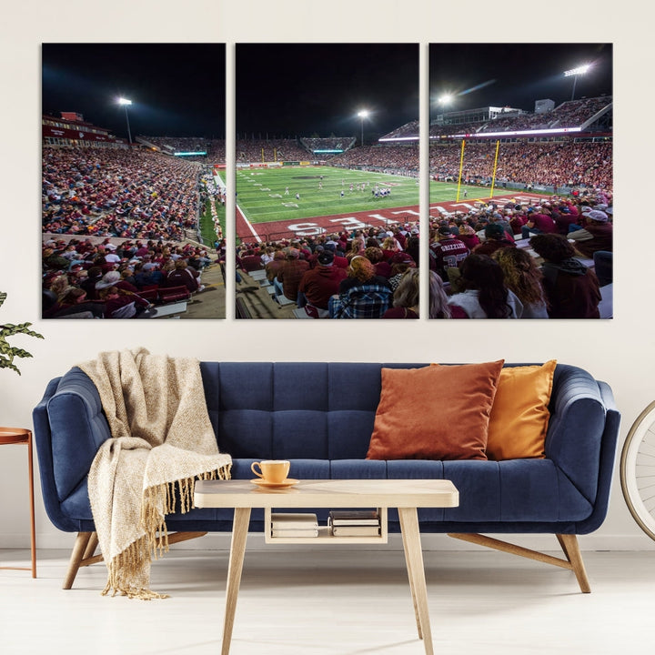 The Washington-Grizzly Stadium Canvas Wall Art beautifully depicts a lively night game scene under vibrant lights. The immersive game day atmosphere is captured in dynamic panoramic photography, making it ready to hang and enjoy.