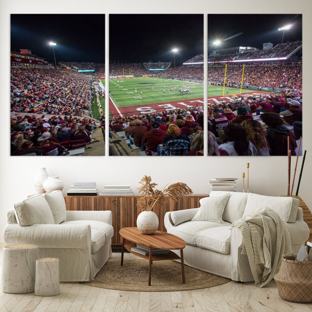 The Washington-Grizzly Stadium Canvas Wall Art beautifully depicts a lively night game scene under vibrant lights. The immersive game day atmosphere is captured in dynamic panoramic photography, making it ready to hang and enjoy.