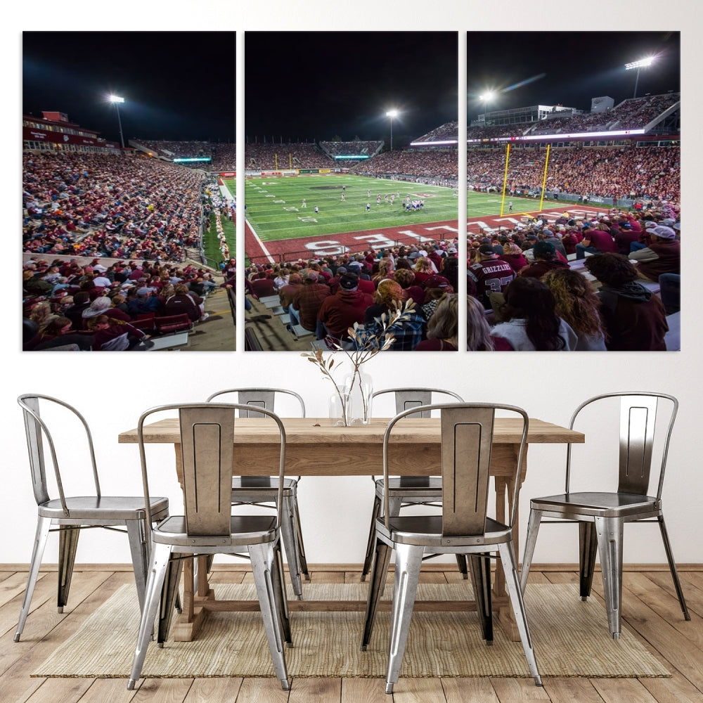 The Washington-Grizzly Stadium Canvas Wall Art beautifully depicts a lively night game scene under vibrant lights. The immersive game day atmosphere is captured in dynamic panoramic photography, making it ready to hang and enjoy.