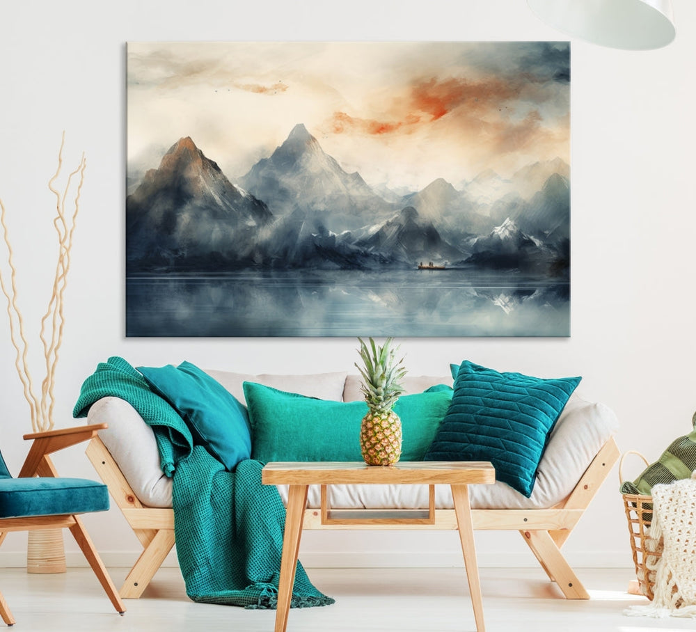 Watercolor Abstract Misty Mountain Wall Art adorns a dark wall, depicting misty mountains over a tranquil lake. The gallery-wrapped, museum-quality canvases provide an exquisite touch.