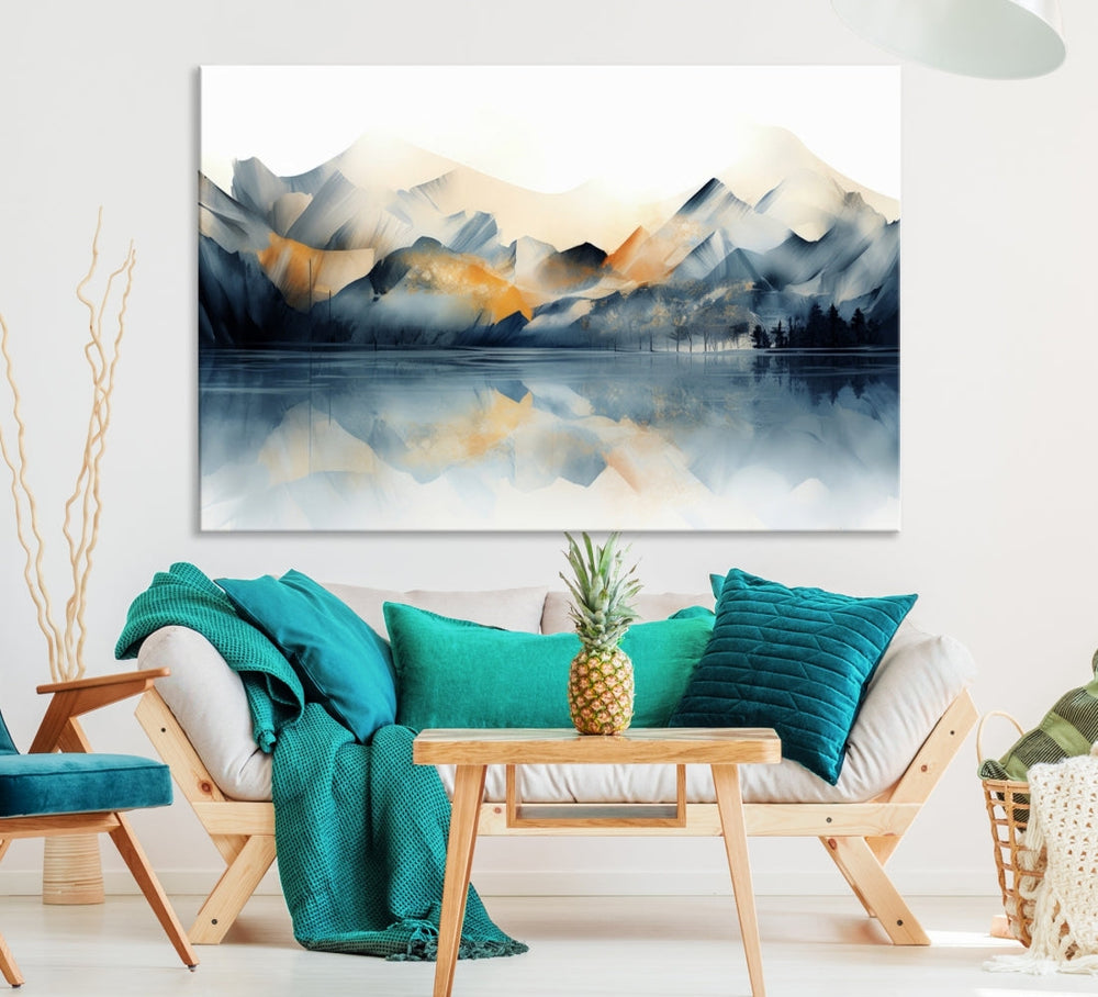 A gallery-wrapped Watercolor Abstract Mountain Lake Wall Art Canvas Print hangs elegantly with its museum-quality finish.