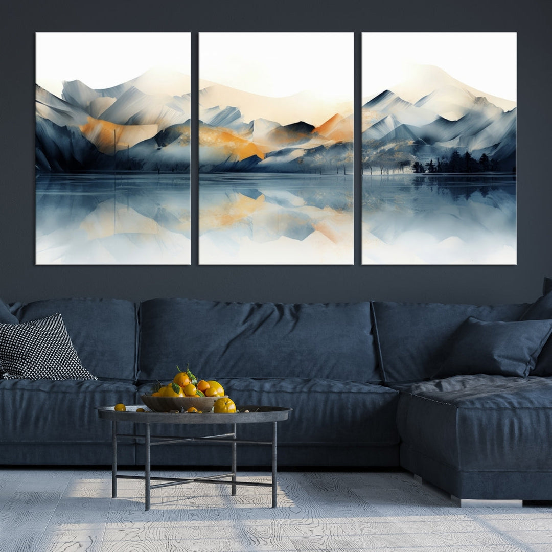 A gallery-wrapped Watercolor Abstract Mountain Lake Wall Art Canvas Print hangs elegantly with its museum-quality finish.