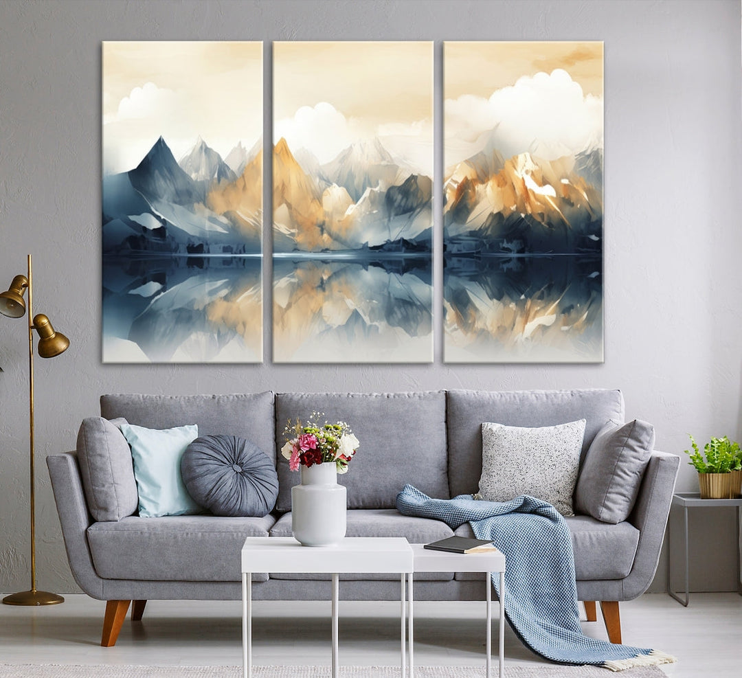 A triptych from the "Watercolor Abstract Mountain Wall Art" collection decorates the wall. This museum-quality canvas enhances any room with elegance, providing an artistic touch and free shipping.