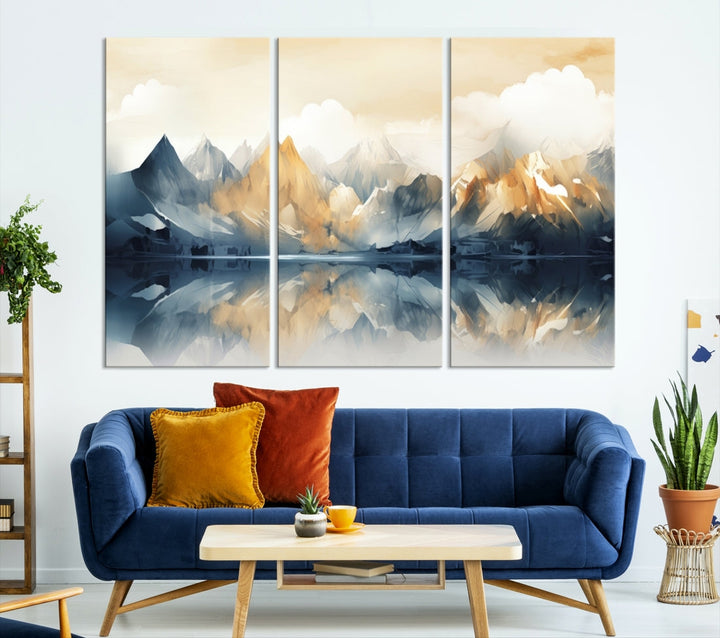 A triptych from the "Watercolor Abstract Mountain Wall Art" collection decorates the wall. This museum-quality canvas enhances any room with elegance, providing an artistic touch and free shipping.