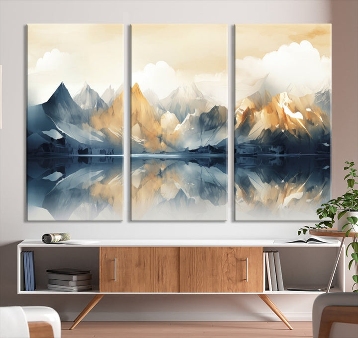 A triptych from the "Watercolor Abstract Mountain Wall Art" collection decorates the wall. This museum-quality canvas enhances any room with elegance, providing an artistic touch and free shipping.