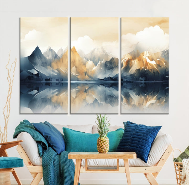 A triptych from the "Watercolor Abstract Mountain Wall Art" collection decorates the wall. This museum-quality canvas enhances any room with elegance, providing an artistic touch and free shipping.