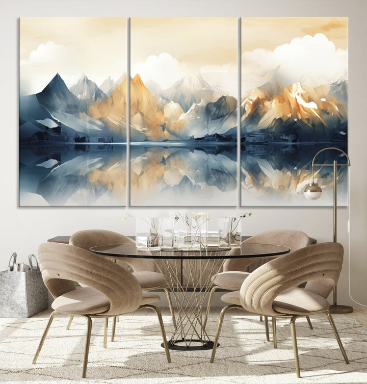 A triptych from the "Watercolor Abstract Mountain Wall Art" collection decorates the wall. This museum-quality canvas enhances any room with elegance, providing an artistic touch and free shipping.