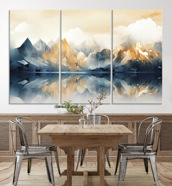 A triptych from the "Watercolor Abstract Mountain Wall Art" collection decorates the wall. This museum-quality canvas enhances any room with elegance, providing an artistic touch and free shipping.