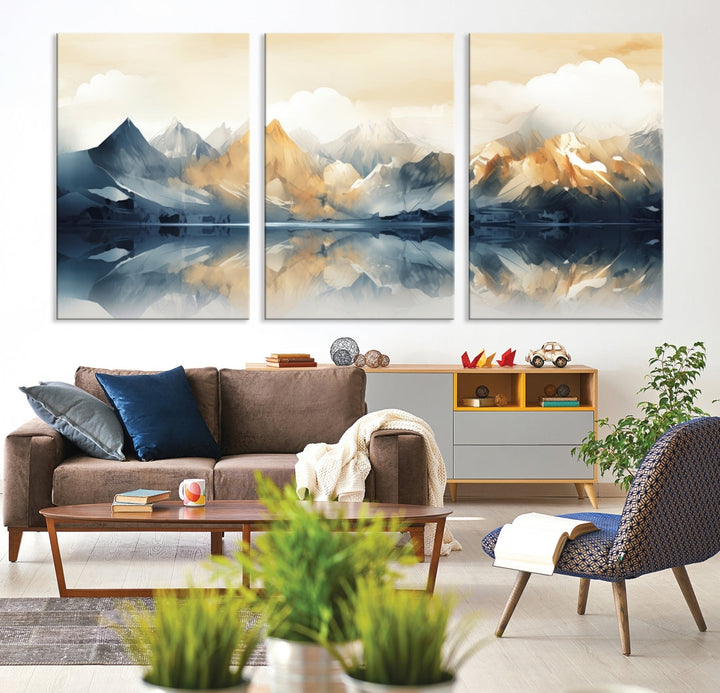 A triptych from the "Watercolor Abstract Mountain Wall Art" collection decorates the wall. This museum-quality canvas enhances any room with elegance, providing an artistic touch and free shipping.