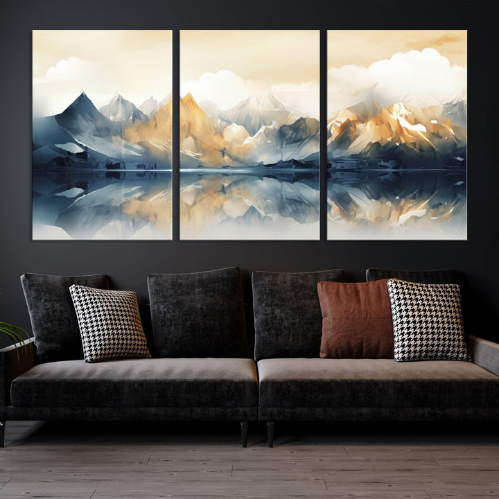 A triptych from the "Watercolor Abstract Mountain Wall Art" collection decorates the wall. This museum-quality canvas enhances any room with elegance, providing an artistic touch and free shipping.