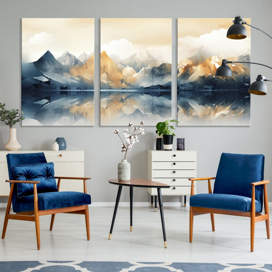 A triptych from the "Watercolor Abstract Mountain Wall Art" collection decorates the wall. This museum-quality canvas enhances any room with elegance, providing an artistic touch and free shipping.