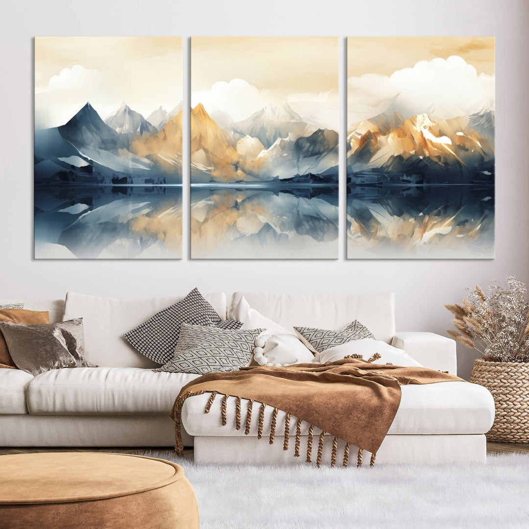 A triptych from the "Watercolor Abstract Mountain Wall Art" collection decorates the wall. This museum-quality canvas enhances any room with elegance, providing an artistic touch and free shipping.