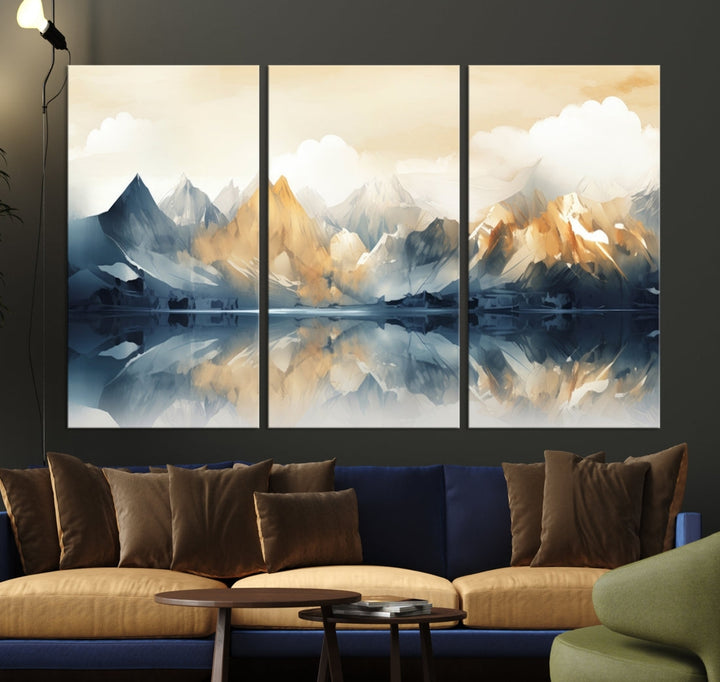 A triptych from the "Watercolor Abstract Mountain Wall Art" collection decorates the wall. This museum-quality canvas enhances any room with elegance, providing an artistic touch and free shipping.