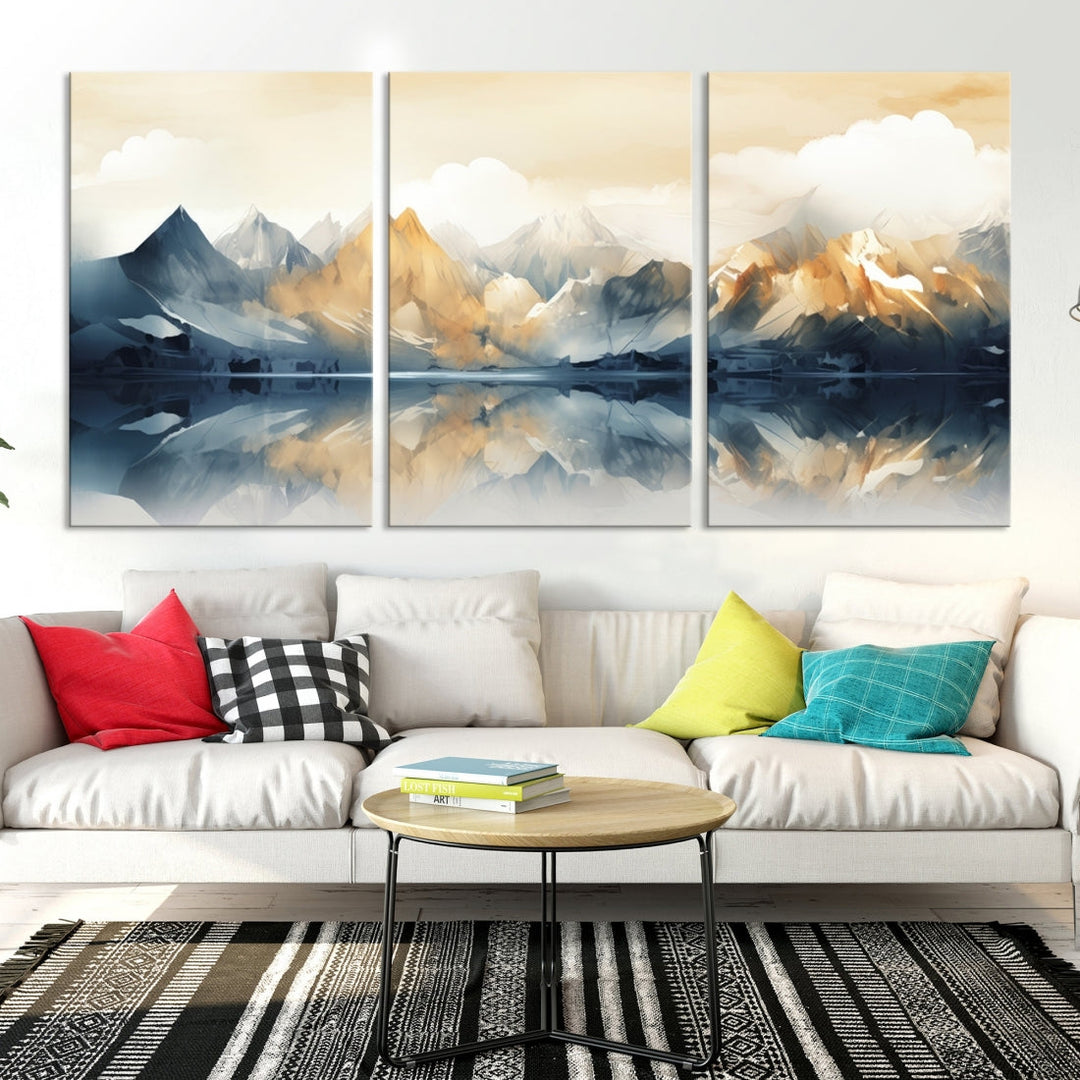 A triptych from the "Watercolor Abstract Mountain Wall Art" collection decorates the wall. This museum-quality canvas enhances any room with elegance, providing an artistic touch and free shipping.