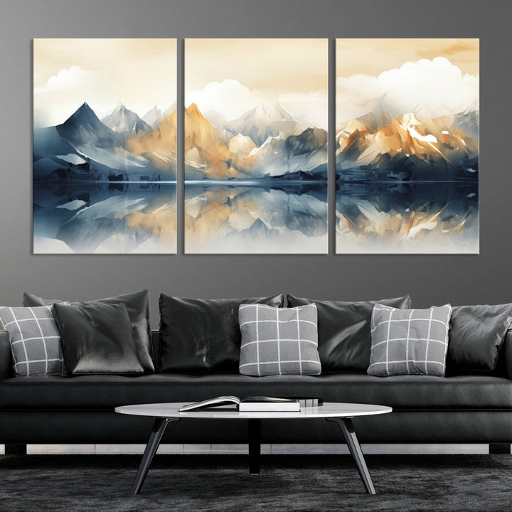 A triptych from the "Watercolor Abstract Mountain Wall Art" collection decorates the wall. This museum-quality canvas enhances any room with elegance, providing an artistic touch and free shipping.