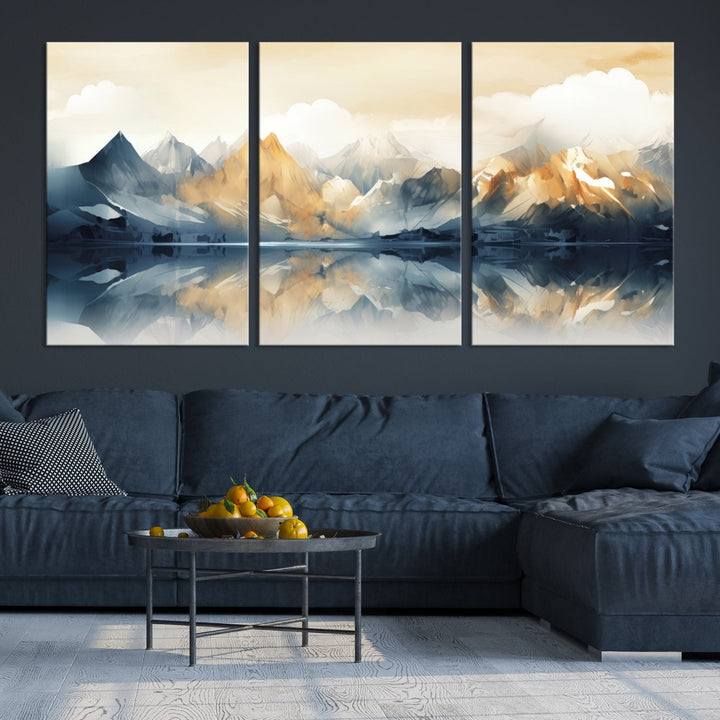 A triptych from the "Watercolor Abstract Mountain Wall Art" collection decorates the wall. This museum-quality canvas enhances any room with elegance, providing an artistic touch and free shipping.