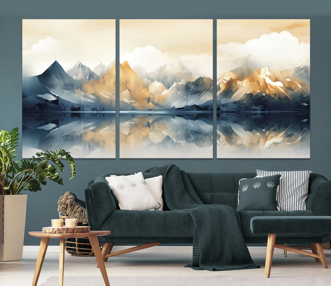 A triptych from the "Watercolor Abstract Mountain Wall Art" collection decorates the wall. This museum-quality canvas enhances any room with elegance, providing an artistic touch and free shipping.