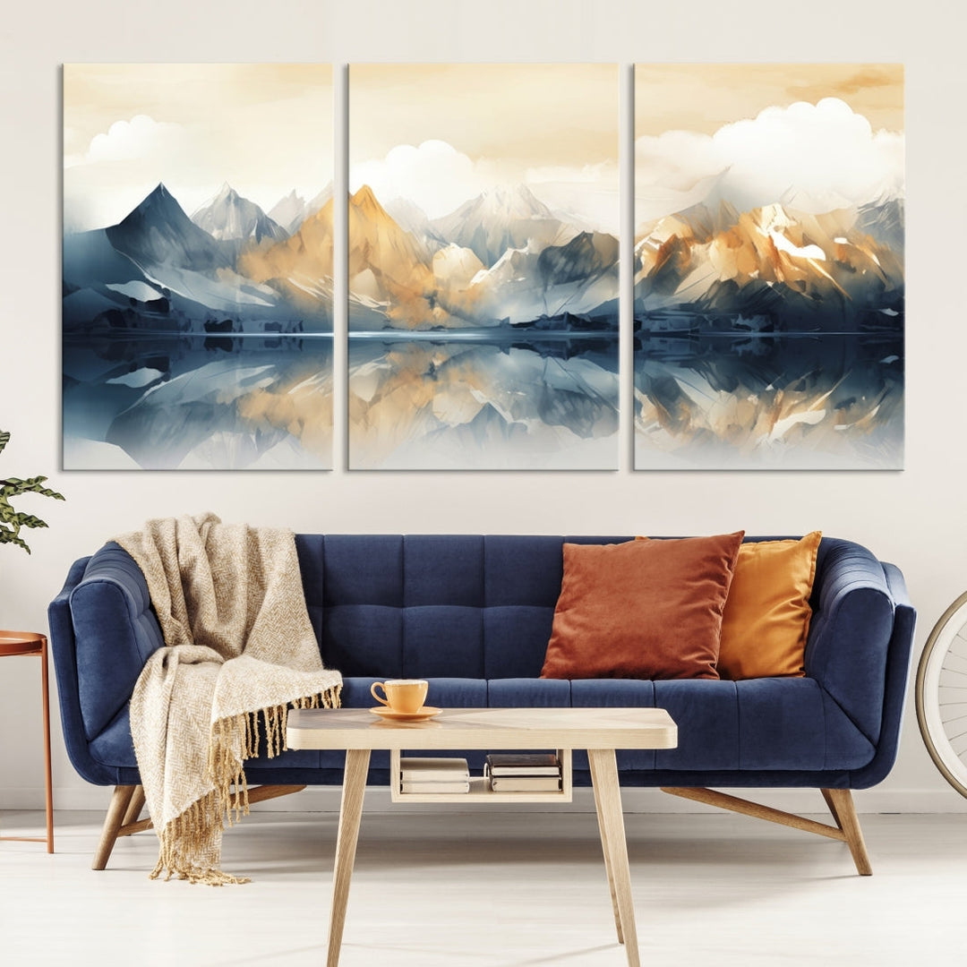 A triptych from the "Watercolor Abstract Mountain Wall Art" collection decorates the wall. This museum-quality canvas enhances any room with elegance, providing an artistic touch and free shipping.